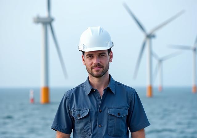 洋上風力発電所を背景に立つ技術者